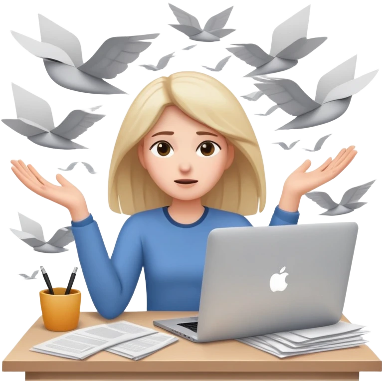 tired woman sitting at a desk with a MacBook, holding her arms out to the side, surrounded by lots of flying papers emoji