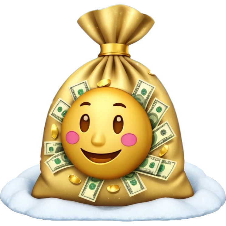 3D emoji style, money bag with dollar bills, New Year theme, snow particles, festive lighting, rich vibe, high detail, transparent background

 emoji