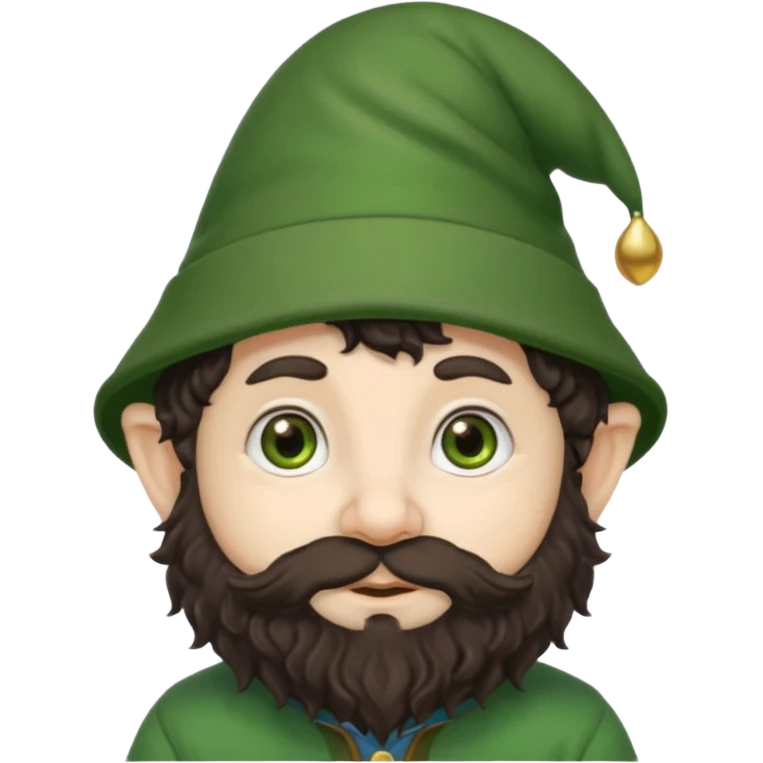 Gnomo con, capelli ricci scuri, occhi marroni, cappello verde emoji