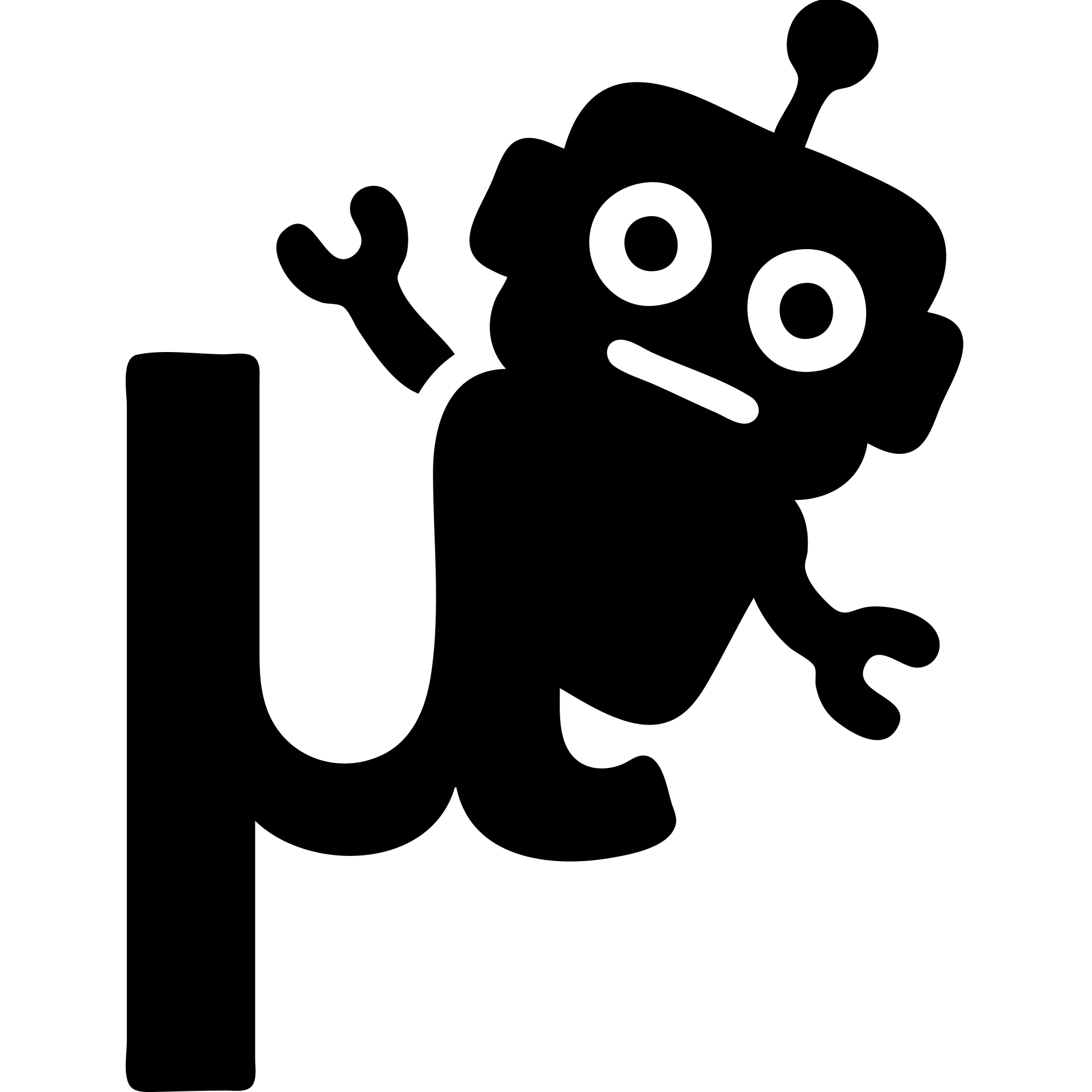 solid icon of a blue lowercase mu with a playful toy robot peeking from behind emoji