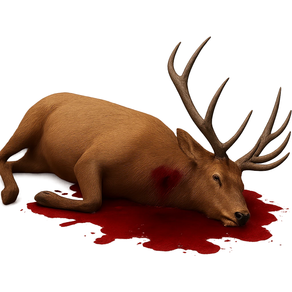 Add blood near the elk to make it look hunted, with no background. Maintain the original style and focus on the blood effect near the elk. emoji