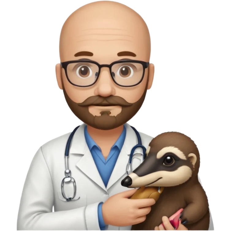 A bald veterinarian with a beard and glasses, mustache holding an the animal is "anteater" oso hormiguero  emoji