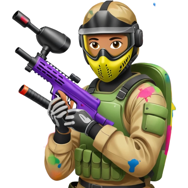 A dynamic scene of a player in action, holding a paintball gun and wearing protective gear. The background shows a vibrant paintball field with obstacles, colorful splatters of paint in the air, and an intense, competitive atmosphere. emoji