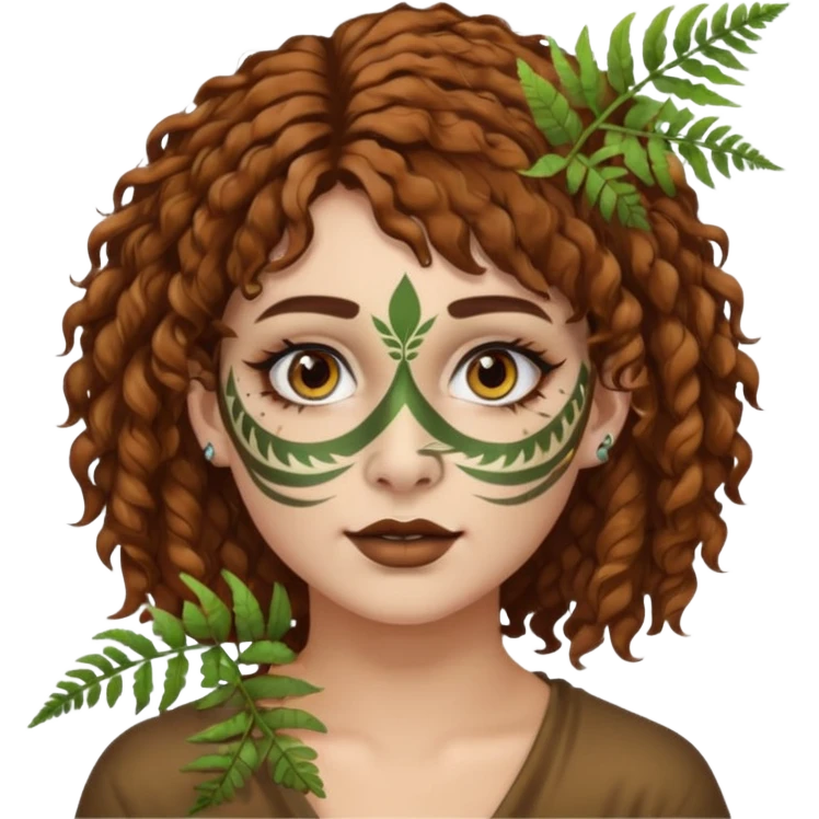 portrait woman short curly brown mullet hair brown eyes white skin with fern face paint and nose ring emoji