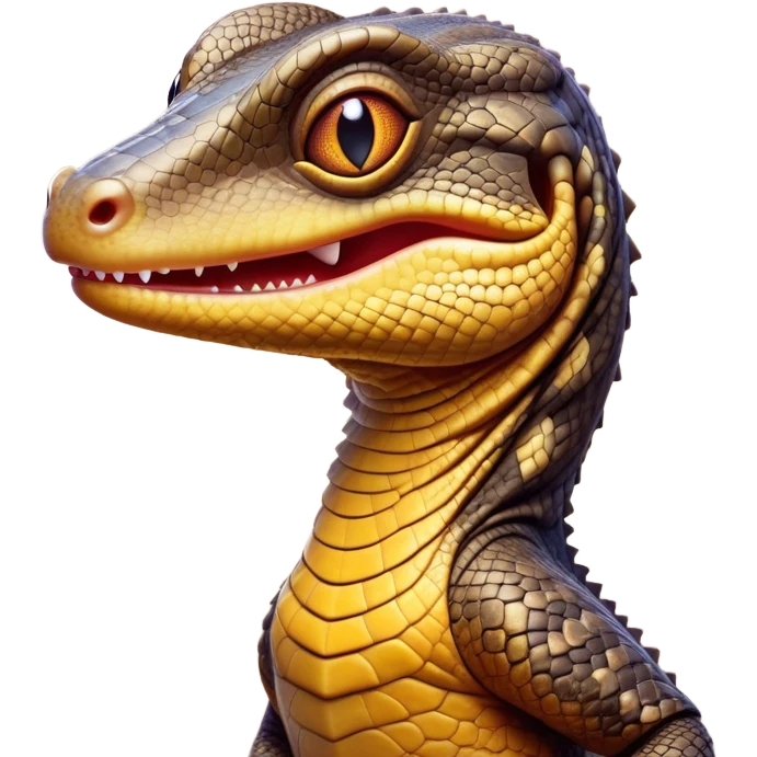 Cinematic Comical Monitor Lizard Portrait Emoji, Head tilted dramatically with an exaggeratedly shocked expression, featuring a robust, patterned body with wide, comically expressive eyes full of humorous disbelief, Simplified yet hilariously expressive features, highly detailed, glowing with a slightly sassy glow, high shine, dramatic yet playful, stylized with an air of quirky reptilian attitude, soft glowing outline, capturing the essence of a meme-worthy monitor lizard that looks ready to side-eye its way into viral fame! emoji