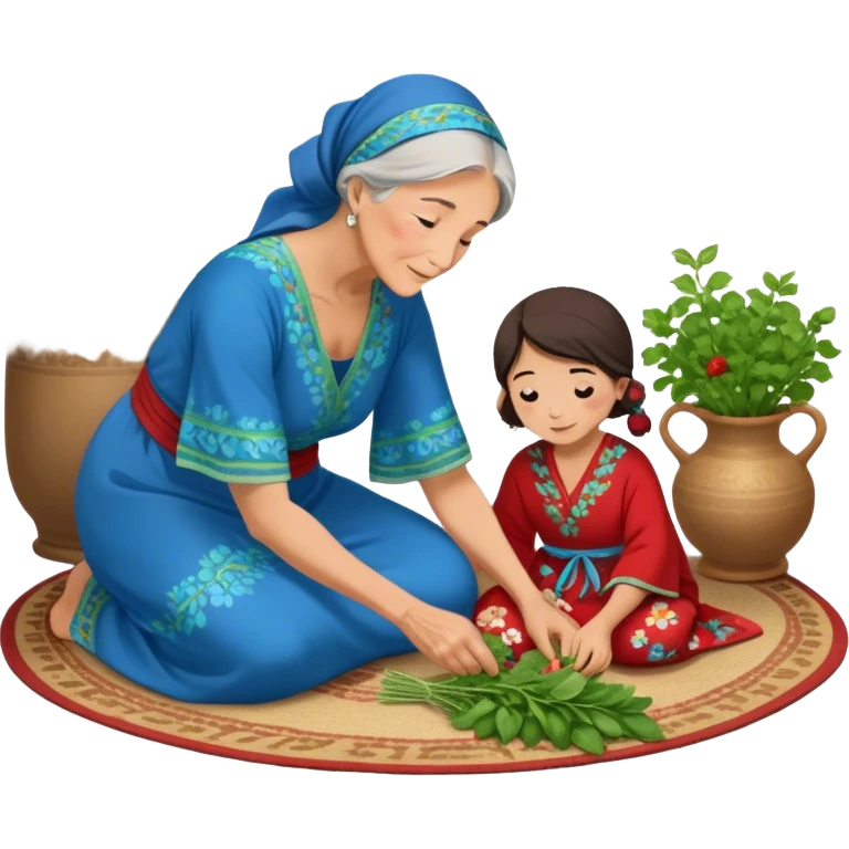 intergenerational moment between a grandmother and her granddaughter, deeply rooted in tradition. The young woman, dressed in a beautiful blue kaftan, sits on the floor carefully picking fresh herbs or greens, while the grandmother, wearing a red headscarf and floral dress, gently guides her. emoji