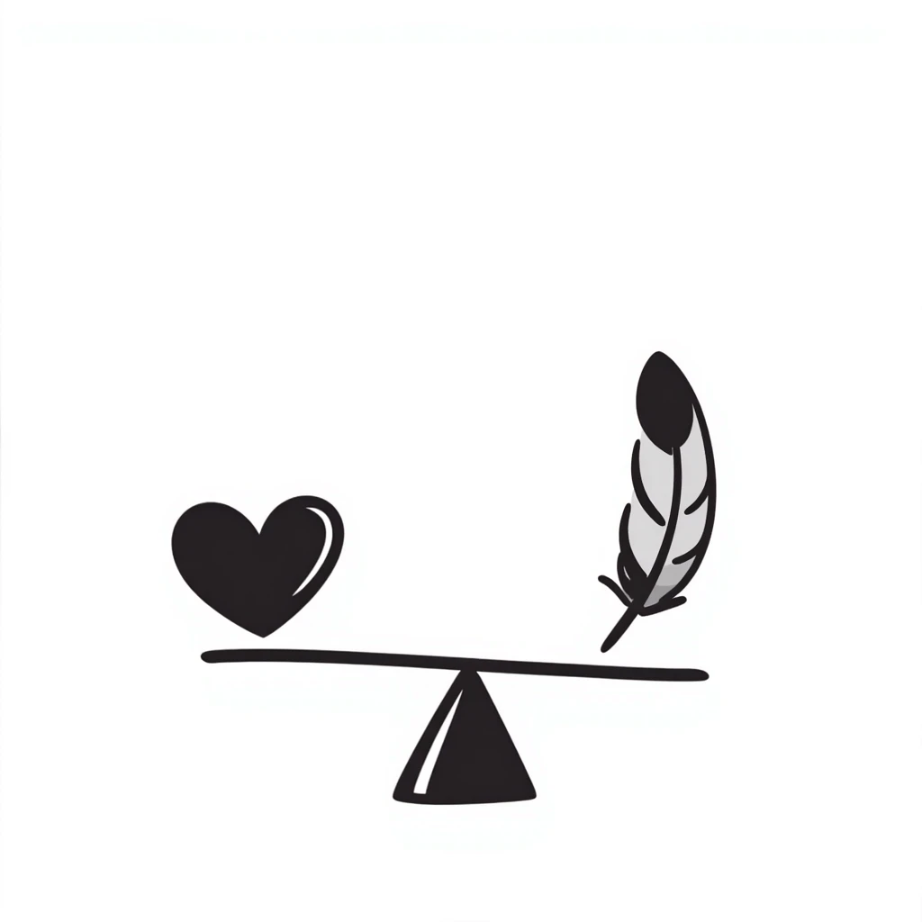 A simple scale balancing a feather and a heart, representing emotional balance and lightness. Hand-drawn doodle style. emoji