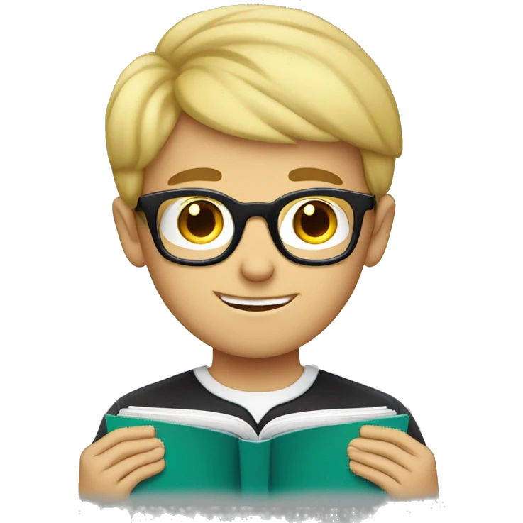 Smart looking blonde haired boy wearing glasses reading a book emoji