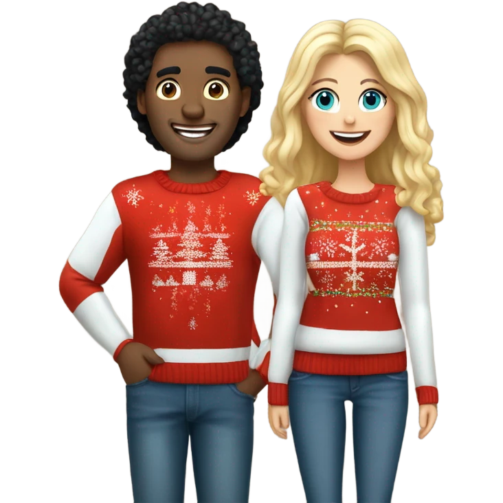 Happy white couple wearing Christmas jumper and blue jeans, man with black hair, woman blonde long hair  emoji