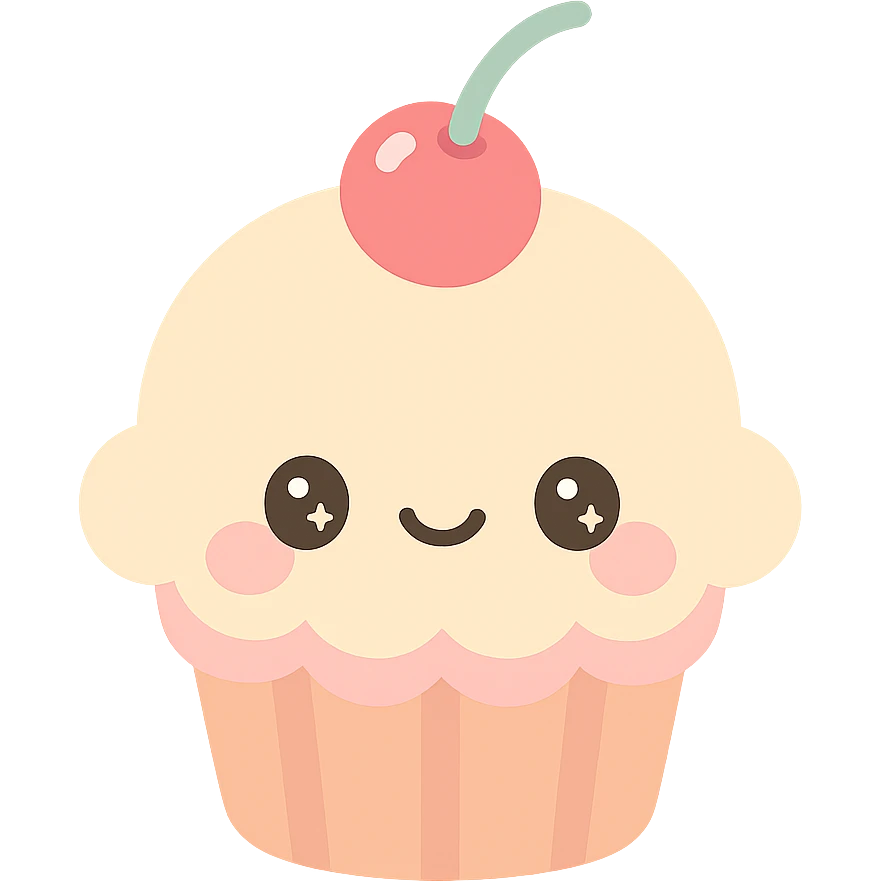 sweet beige cupcake with a cherry and frills, coquette style, kawaii emoji