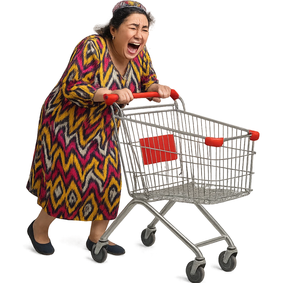 hysterical Uzbek woman with a shopping cart emoji