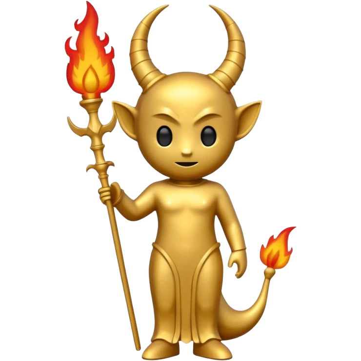 Minimalist emoji-style sticker of a full-body Oscar-like statue in gold color, with subtle devilish elements: small horns on the head, a pointed tail, and fire around the base. Flat design, thick lines, black, gold, and red color palette, silhouette style, centered on white square background. emoji