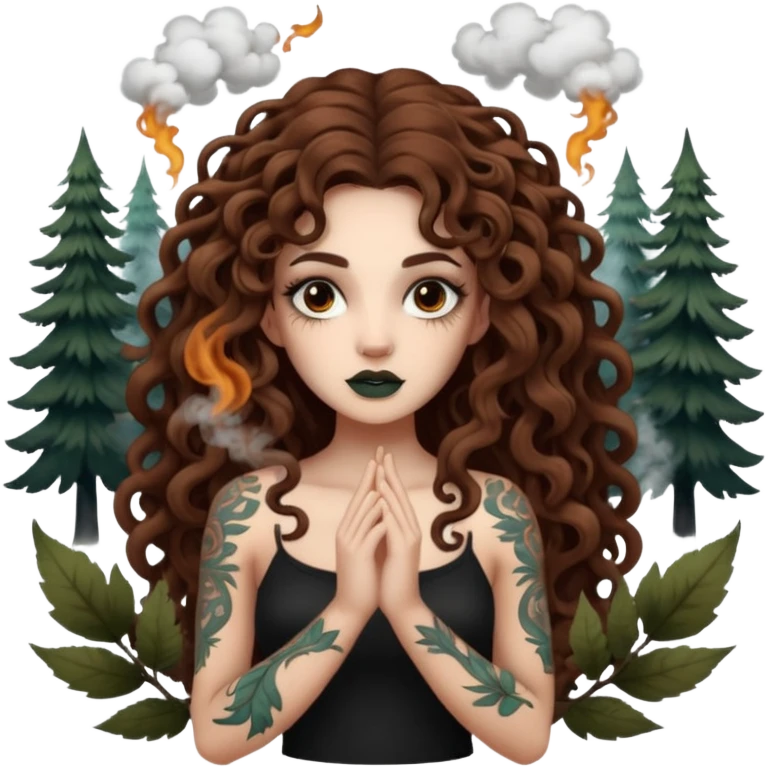 woman with long curly brown hair, brown eyes, white skin, tattoos, forest spirits shaped like smoke animals circling her emoji