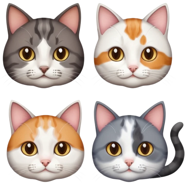 3 different coloured short haired cats including; a dark brown tabby and white cat, and a dark grey and white  emoji