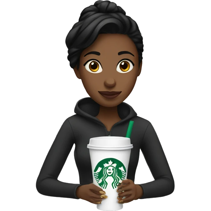 black haired girl drinking one starbucks cup emoji