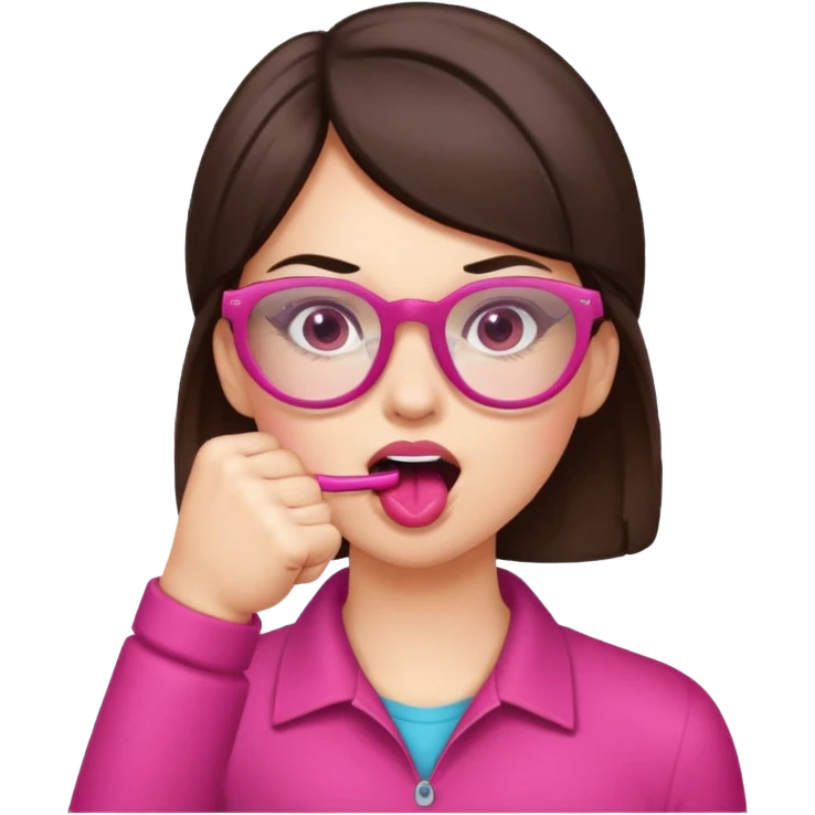 brunette with pink glasses biting fist in mouth emoji