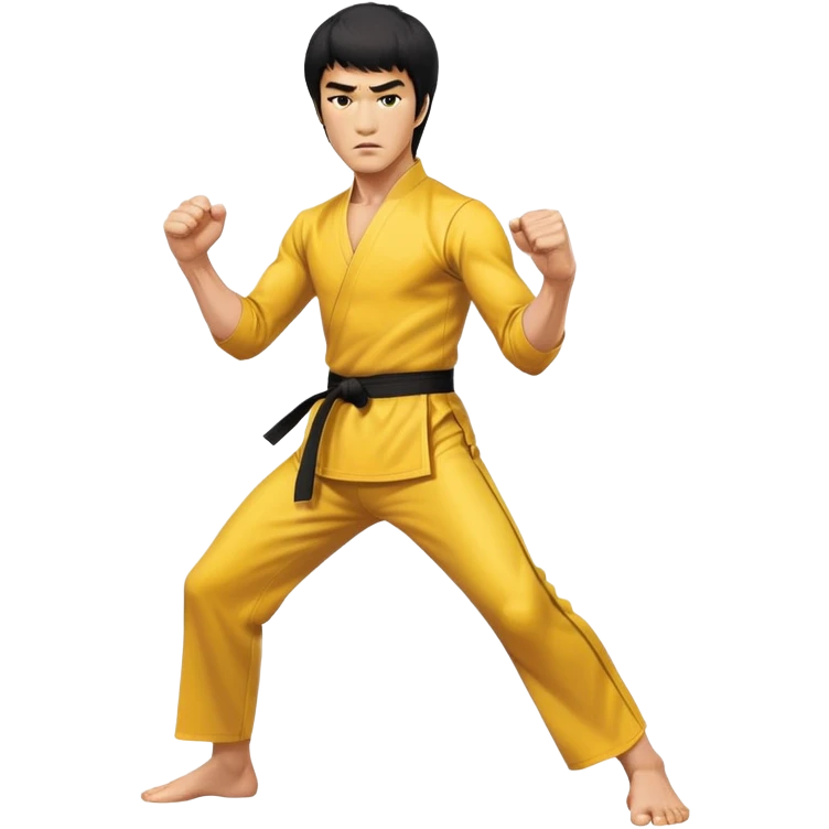 Bruce Lee in yellow jumpsuit, martial arts fighting stance, intense expression emoji