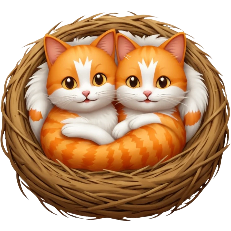 two cheerful cats cuddled together in a bird's nest, emoji style, cute expressions emoji