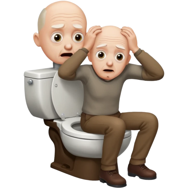 A bald person who’s very old is staring, he’s inside a toilet and his head is upright and looking at the camera with very wide eyes and his hands are putting pressure on his head, very scared expression and he’s shaking his butt emoji