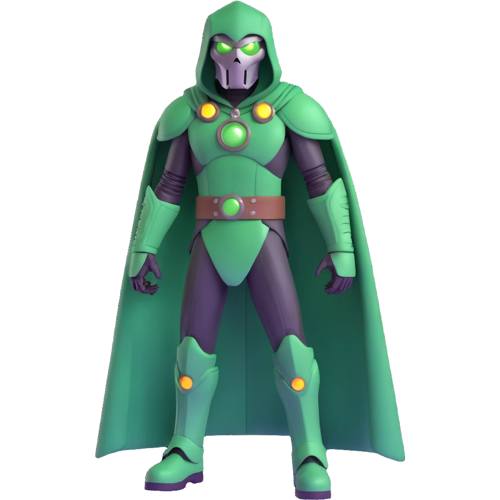 Doctor Doom standing tall with glowing green eyes behind his metal mask, full body view emoji