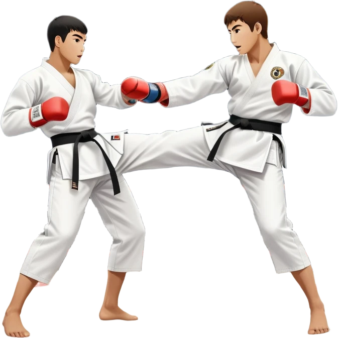 Two taekwondo fighters in traditional white doboks with black belts. One delivers a powerful kick, while the other defends by blocking with his knee. The background shows a professional arena with bright lights and an excited crowd. Transparent background highlights the intense action emoji