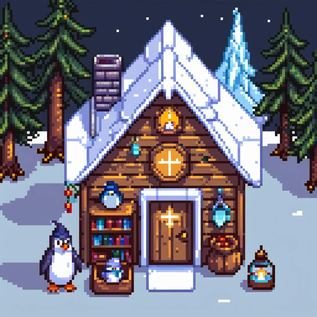 Cozy penguin wizard cottage with spell books, icy decorations, and magical artifacts emoji
