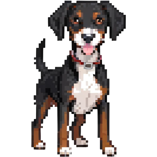 shorthaired black hound dog with white on chest, nose, and paws, full body, happy expression emoji