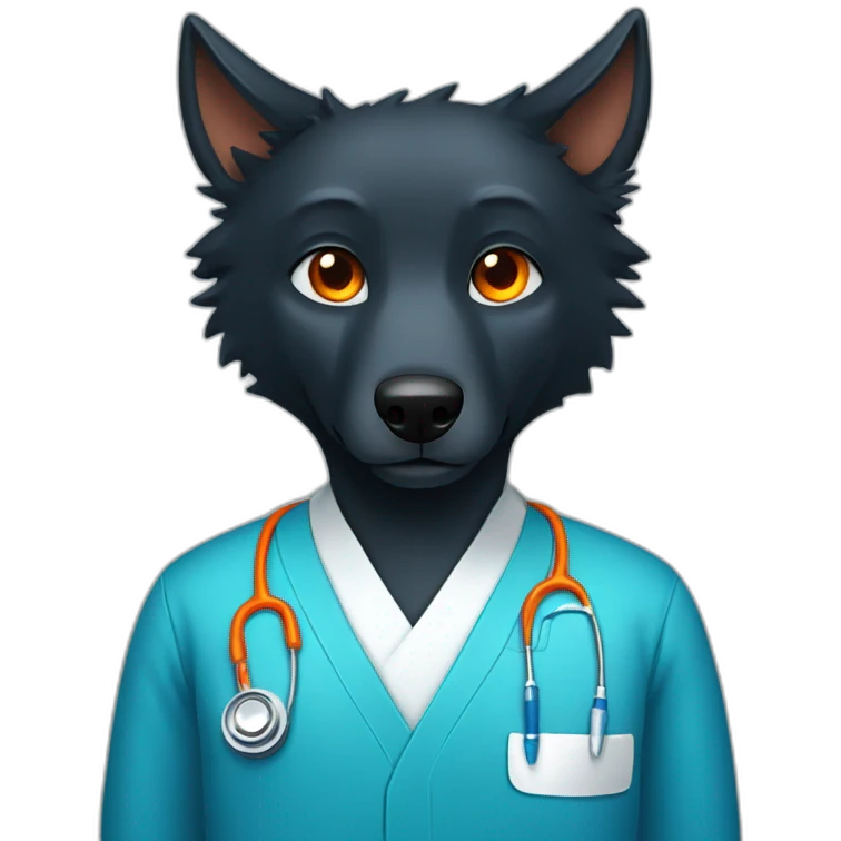 Black wolf with orange eyes wearing a blue doctor scrub emoji
