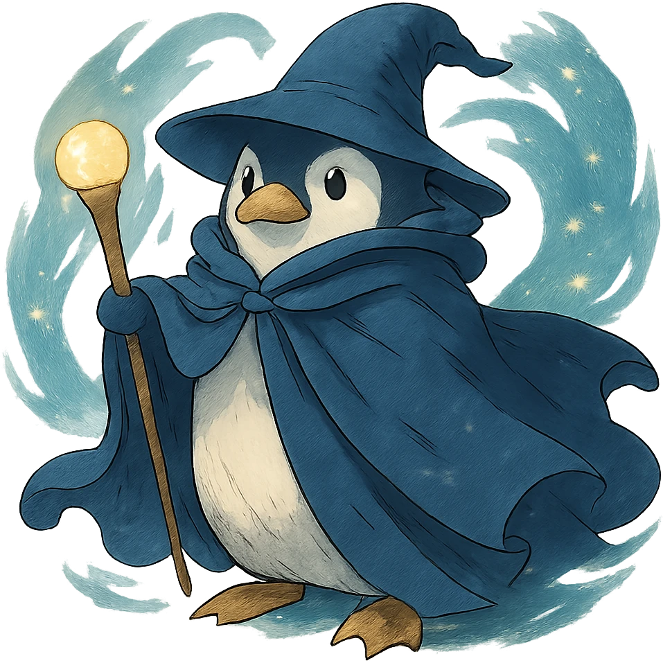 ghibli style penguin wizard with a flowing cloak and magical aura emoji