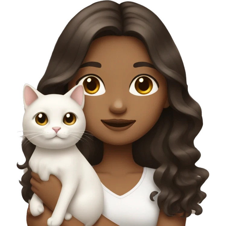 Tan girl with dark brown long wavy hair holding a white cat emoji