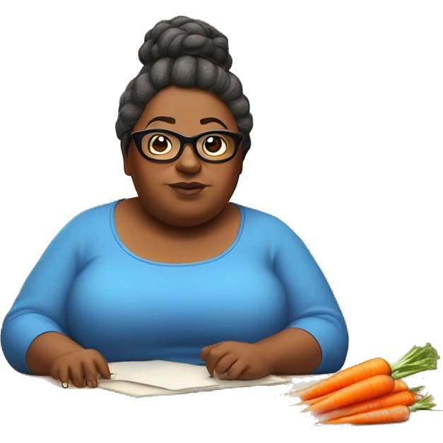 Fat lady with a brown bun in her hair with glasses and a blue long sleeve shirt staring at a carrot on a brown desk emoji