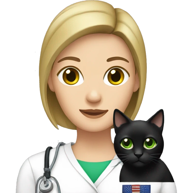 Brunette  vet with a black cat with green eyes emoji