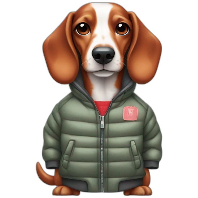 Red and white sausage dog in cool jacket emoji