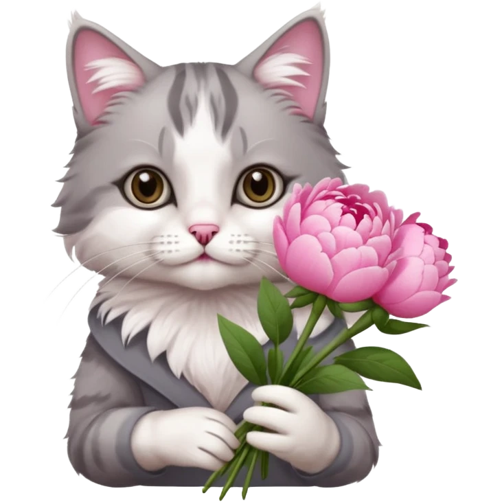 Cute cat Handing pink peonies like reaching a hand and handing them out a bouquet of them not a physical hand the cats hand  make the cat fluffy and grey and white fluffier make the cat wear a pink coquette emoji