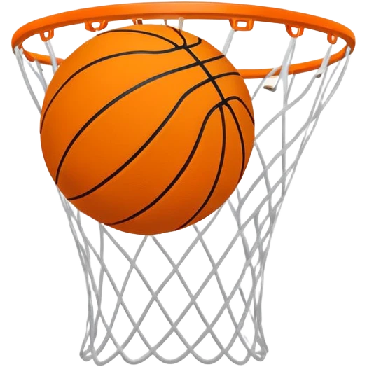 Basketball falling through white net, motion lines, minimal design, iOS emoji style emoji