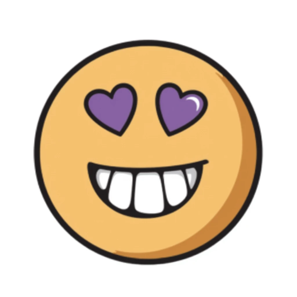 hand-drawn brown emoji face with purple heart eyes, smiling with a front tooth gap and a gold tooth on the side emoji