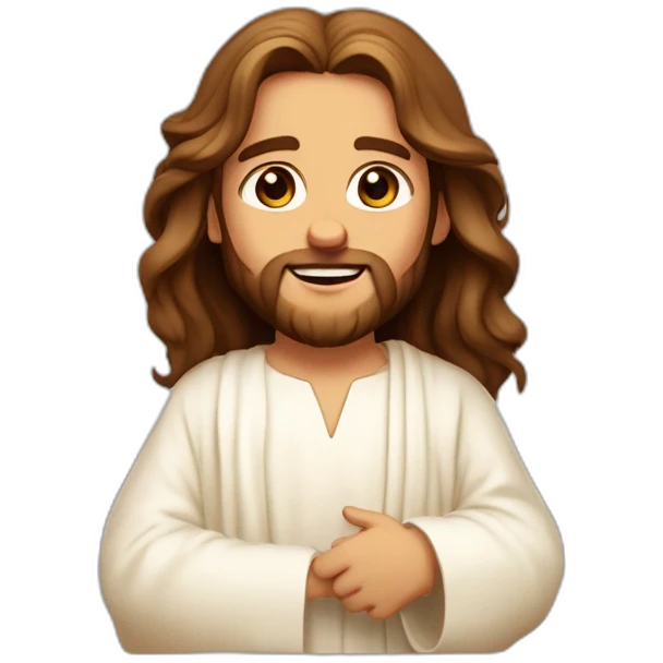 Jesus animated childish honey-colored eyes abundant wavy brown hair rosy cheeks white tunic tender and loving playing emoji