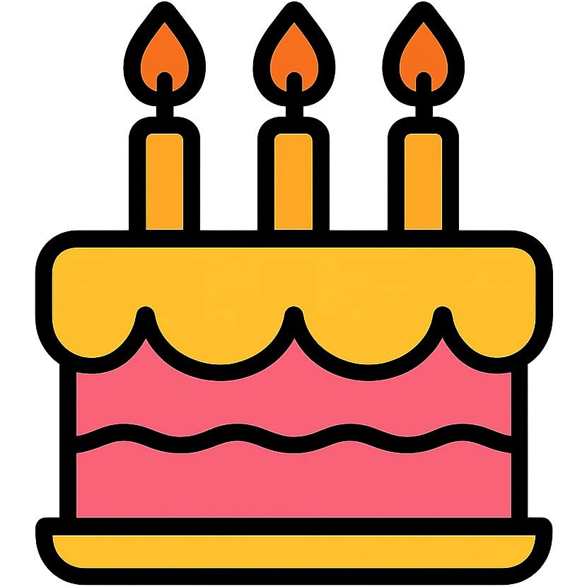 A birthday cake with lit candles and decorative frosting emoji