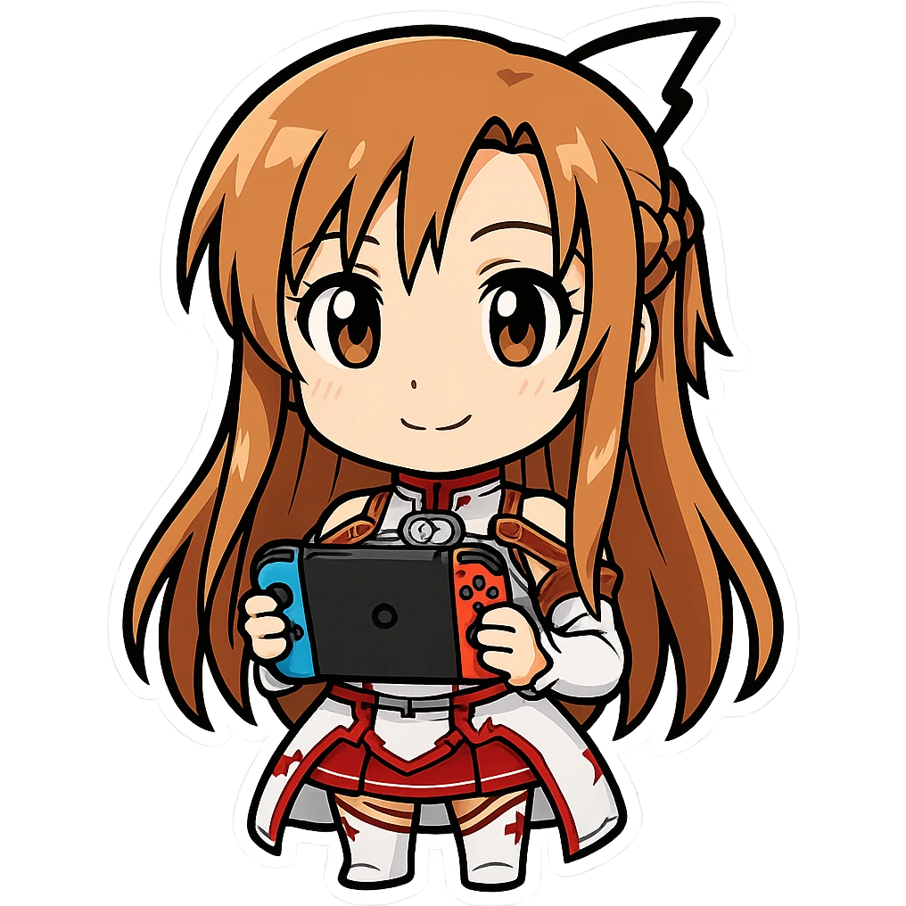 Make the character look more like Asuna from Sword Art Online, holding a video game. The style should be cartoonish sticker style with no background. Keep the cartoonish sticker look in the general style editor. emoji