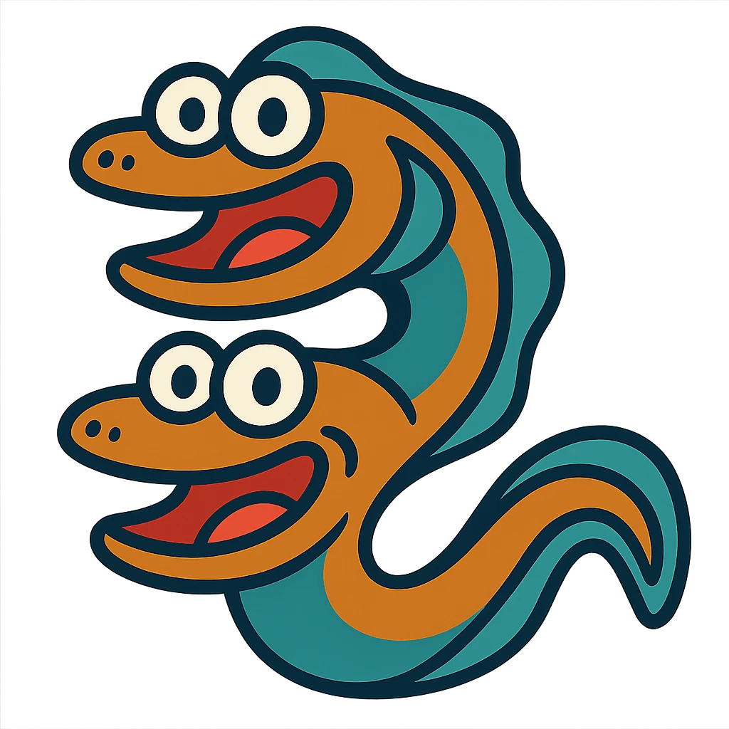 an eel with two mouths, cartoon style, vibrant colors, playful expression emoji