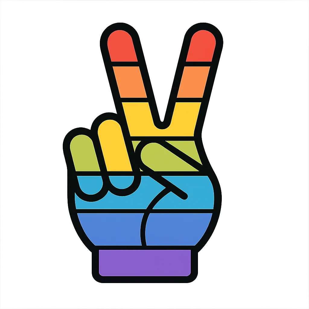 hand making a peace sign with a rainbow theme emoji