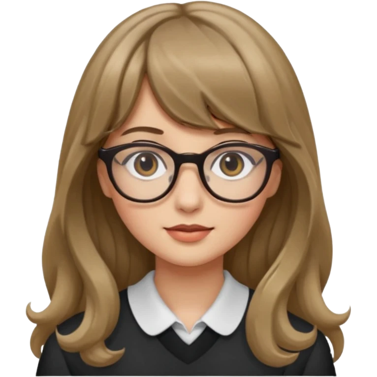 Uma garota de cabelo ondulado loiro escuro,mas com franja lisa e olhos pretos,usa óculos e a cor de pele branca,e o cabelo LONGO emoji
