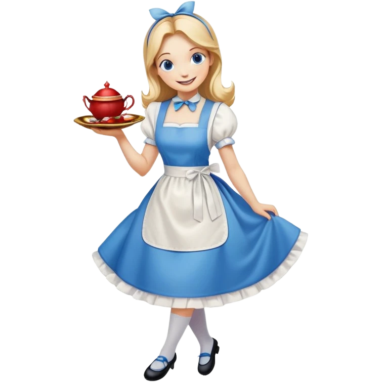 Disney's Alice in Wonderland curtseying with a happy smile in her blue dress with white apron emoji