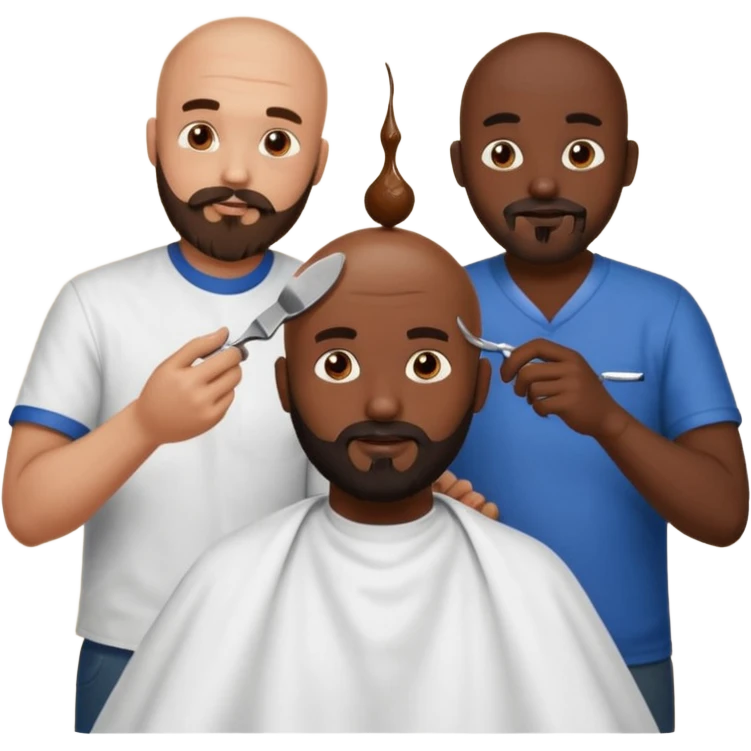 A bald man with a dark brown beard cutting someone’s hair at a barber shop and the other guy is eating a poop ball and the poop ball has eyes emoji