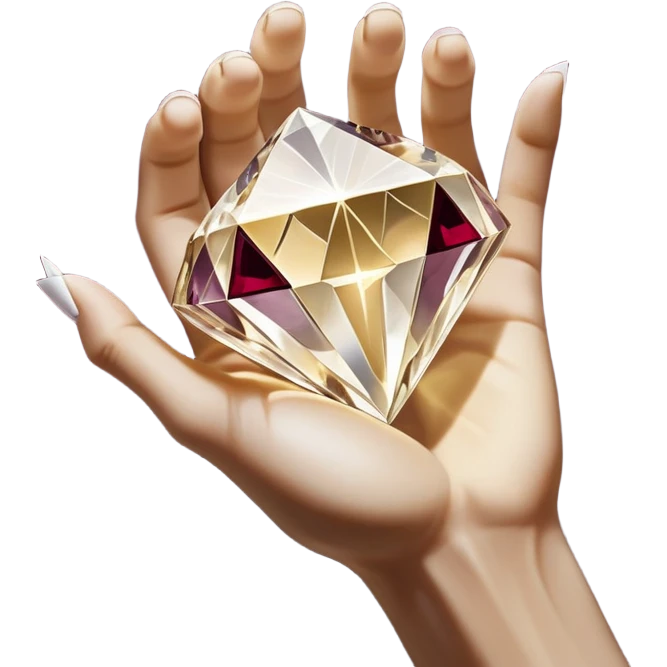 White pov hand outline gripping a shattered diamond prism, light shards projecting luxury items (e.g., perfume, gold bars), deep burgundy (#4A0E27) and onyx (#000000) background with metallic gold (#FFD700) fractures, dramatic chiaroscuro lighting, edgy opulence emoji