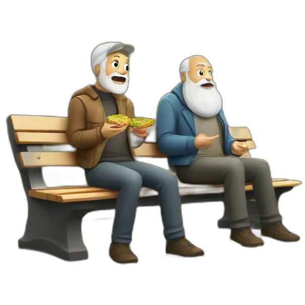 two old beard men eating shawarma on a bench on a park emoji