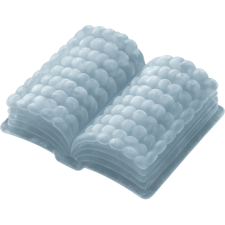 thick open book viewed from above, made entirely of small very bright white fluffy convex clouds, matte glass style emoji