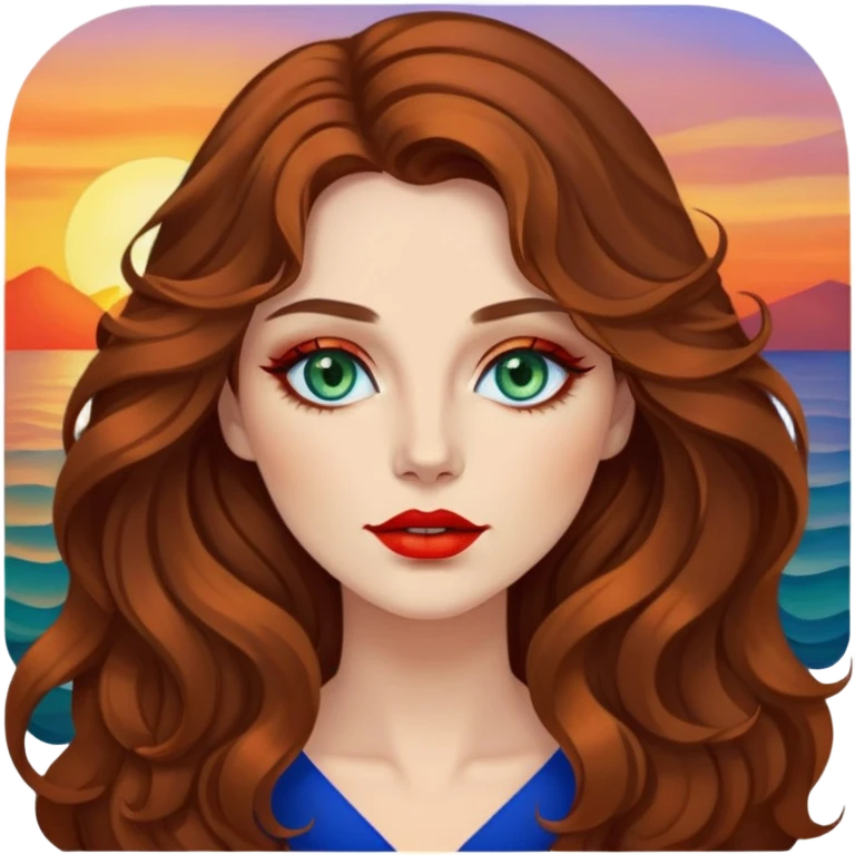 A lady with long, brown layered, wavy hair and blue/green eyes. She has red lipstick and is a bit thiccer. She has eyeshadow on which looks a bit like a sunset with tones of red, orange, yellows, browns and golds.  emoji
