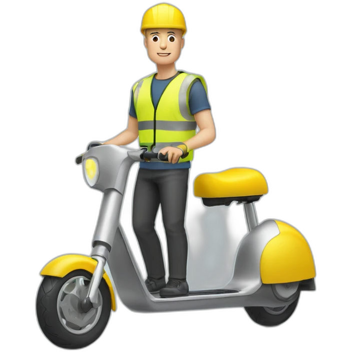 a bald white man with a yellow safety vest with a yellow bicycle helmet on a xiaomi e-scooter emoji