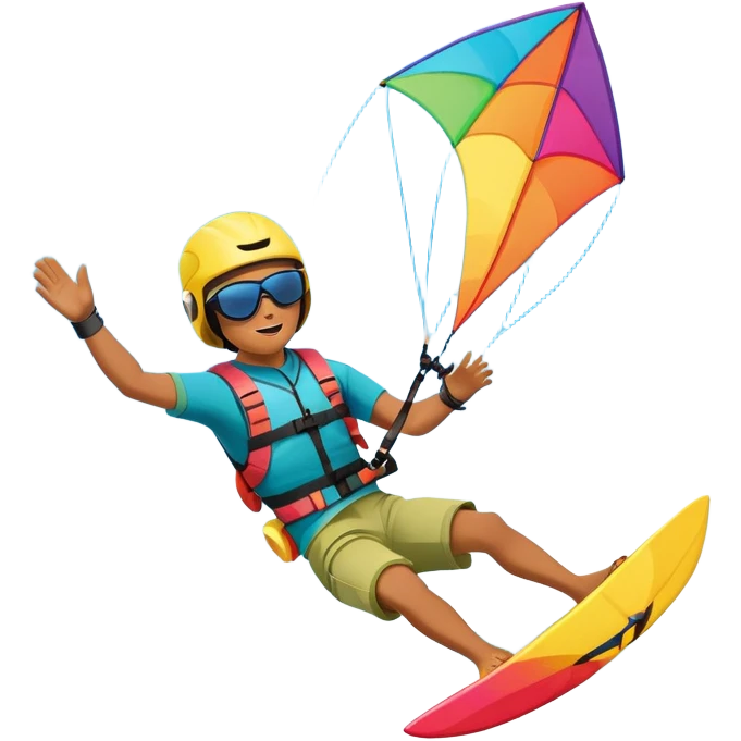 A vibrant kite soaring high in the sky, attached to a kiteboarder riding the waves below. The scene is filled with bright colors, capturing the energy of the sport. The background features the ocean, wind-blown waves, and a clear sky, showcasing the excitement and freedom of kiting. emoji